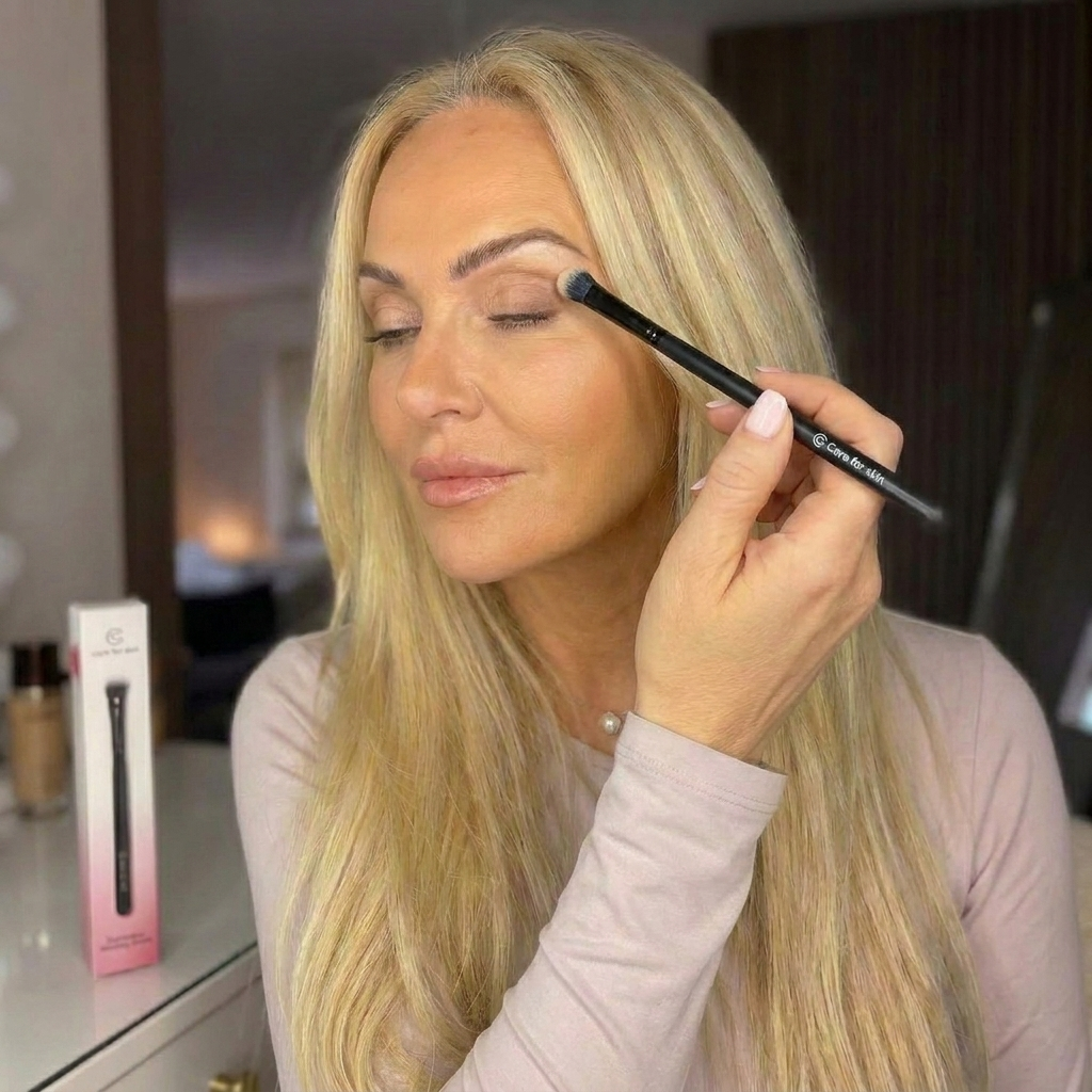 Care for Skin Eyeshadow Blending Brush in gebruik op het ooglid