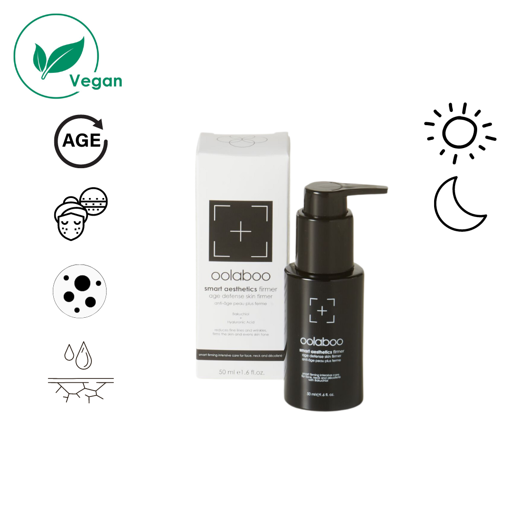 Oolaboo Smart Aesthetics Age Defense Skin Firmer med vegan- og virkningsikoner
