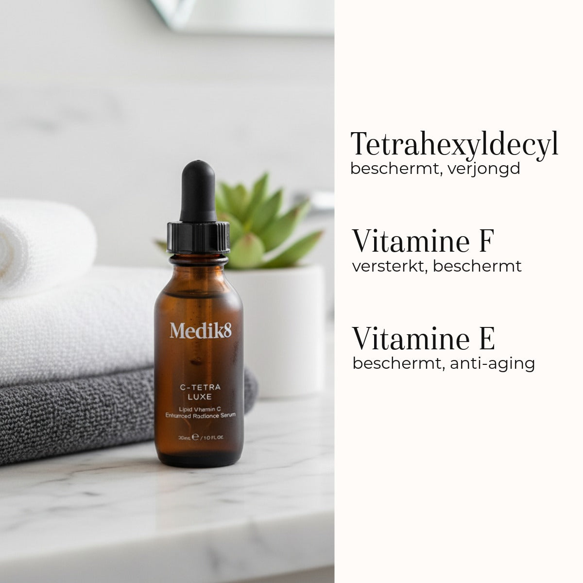 Medik8 C-Tetra Luxe 30ml ingredienser tetrahexyldecyl, F-vitamin og E-vitamin
