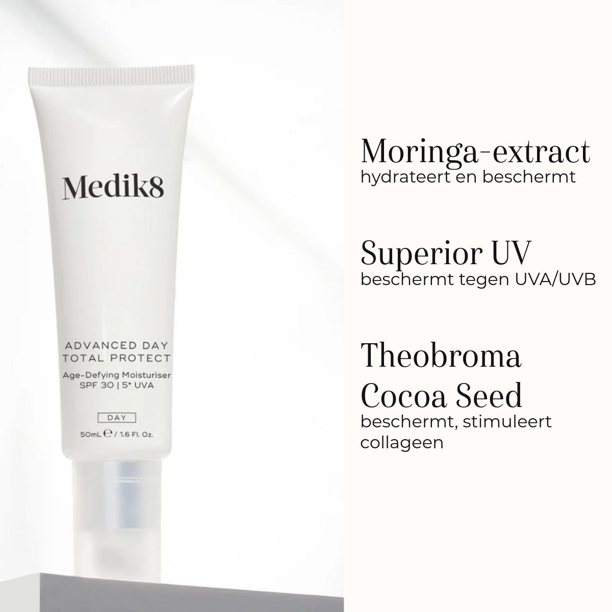 Medik8 Advanced Day Total Protect SPF 30 ingredienser moringa og kakaofrø