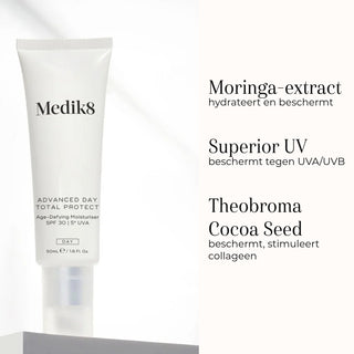 Medik8 Advanced Day Total Protect SPF 30 ingredienser moringa og kakaofrø