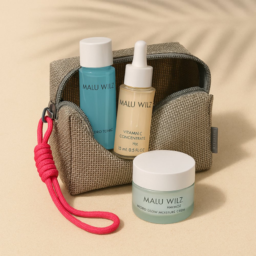 Malu Wilz Cosmetic Beauty Mesh Bag open met tonic, serum en crème